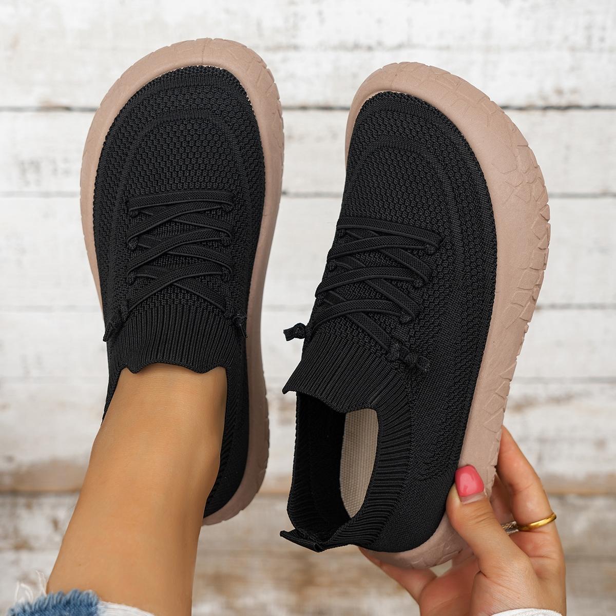 Women's Flyknit Breathable Slip-On Casual Rubber Shoes, Thick-Sole Anti-Slip Walking Flats, Multi-Color Options for Spring Footwear