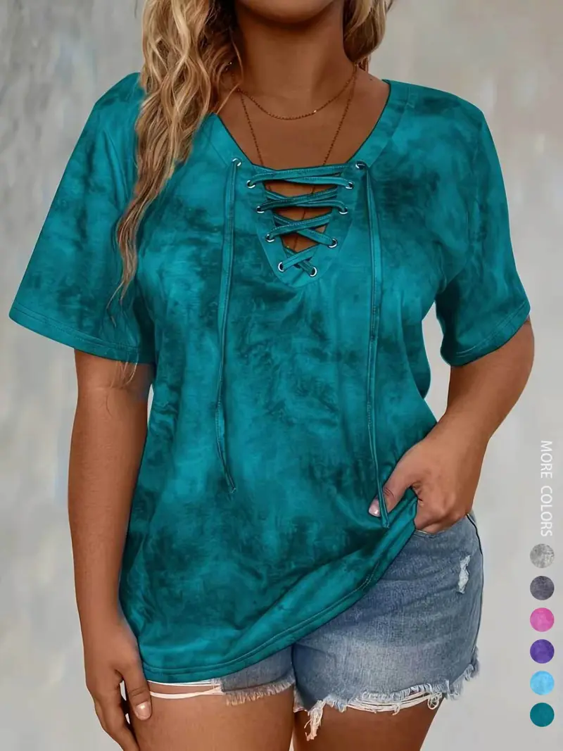 Women's Plus-Size Front-Lace-Up V-Neck T-Shirt