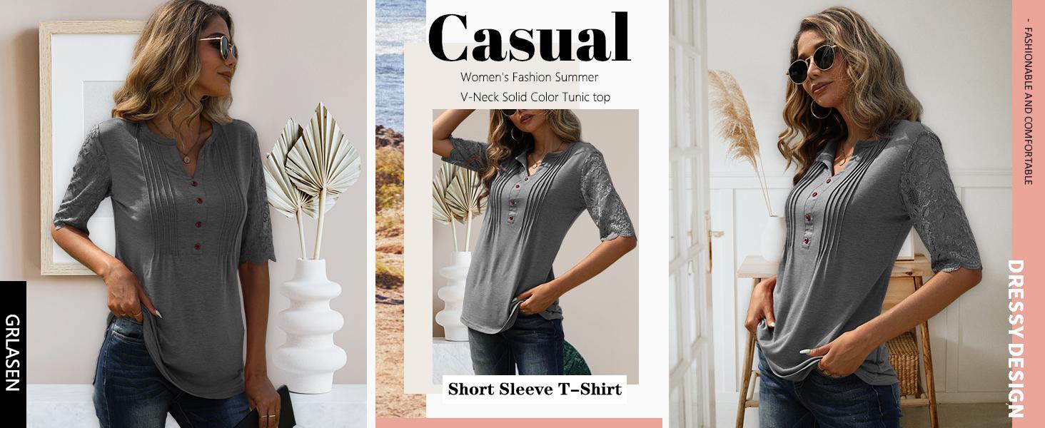 Imily Bela Women&rsquo;s V Neck T Shirt &ndash; Casual Pleated Button Top, Loose Fit Short Sleeve Summer Tee, Trendy Everyday Blouse for Daily Wear