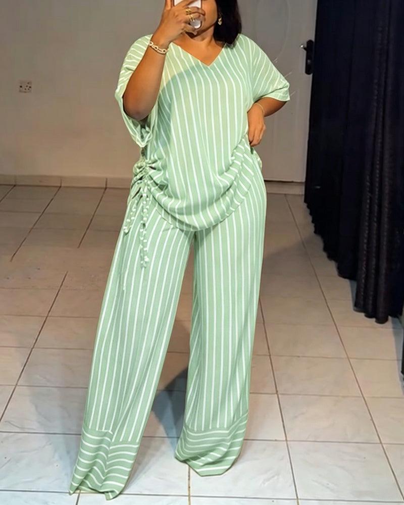 Summer new striped loose fashion casual women's V-neck thin and drape wide-leg pants suit Summer new striped loose fashion casual women's V-neck thin and drape wide-leg pants suit