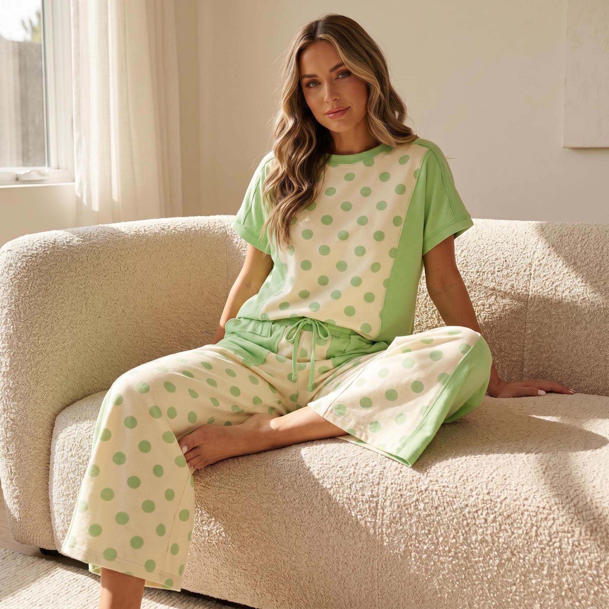 Women's Lounge Set | Cute 2-Piece Trendy Clothing Sets with a Color Block Polka Dot Crew Neck Tshirt and Wide Leg Drawstring Pants, 2 Piece Sets Women's Lounge Set | Cute 2-Piece Trendy Clothing Sets with a Color Block Polka Dot Crew Neck Tshirt and Wide Leg Drawstring Pants, 2 Piece Sets