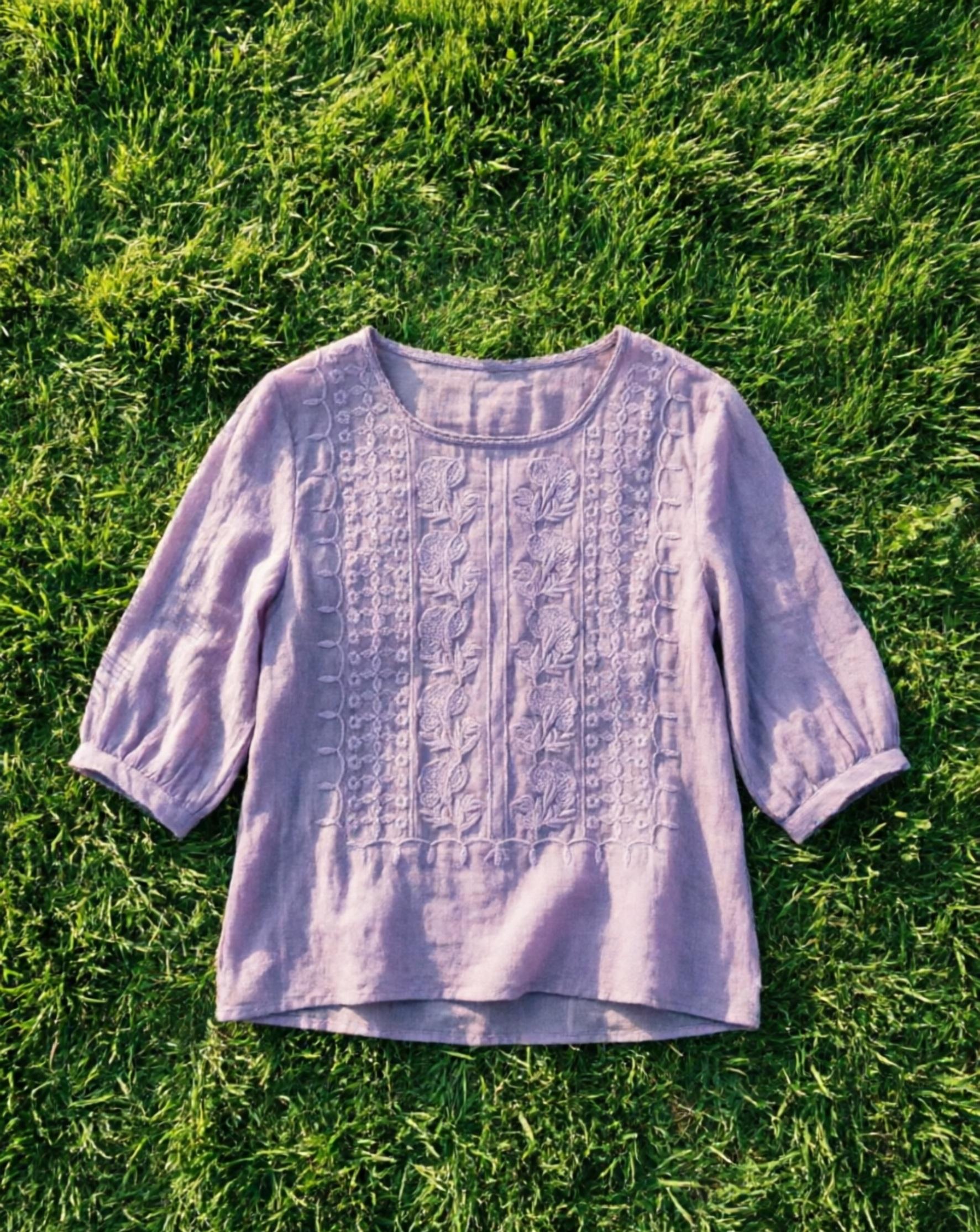 Women's Casual Vintage Blouse, Lightweight Summer Top with Intricate Embroidery, Breathable Cotton-Linen Blend, Loose Fit, Round Neck, Mid-Length Sleeves Women's Casual Vintage Blouse, Lightweight Summer Top with Intricate Embroidery, Breathable Cotton-Linen Blend, Loose Fit, Round Neck, Mid-Length Sleeves
