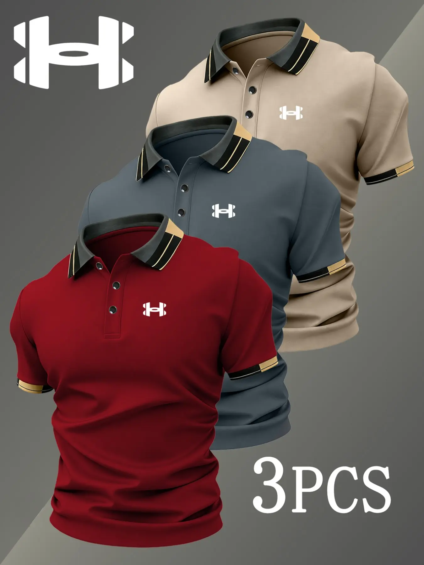 Men's Golf Polo Shirts Set with Logo Print and Geometric Pattern