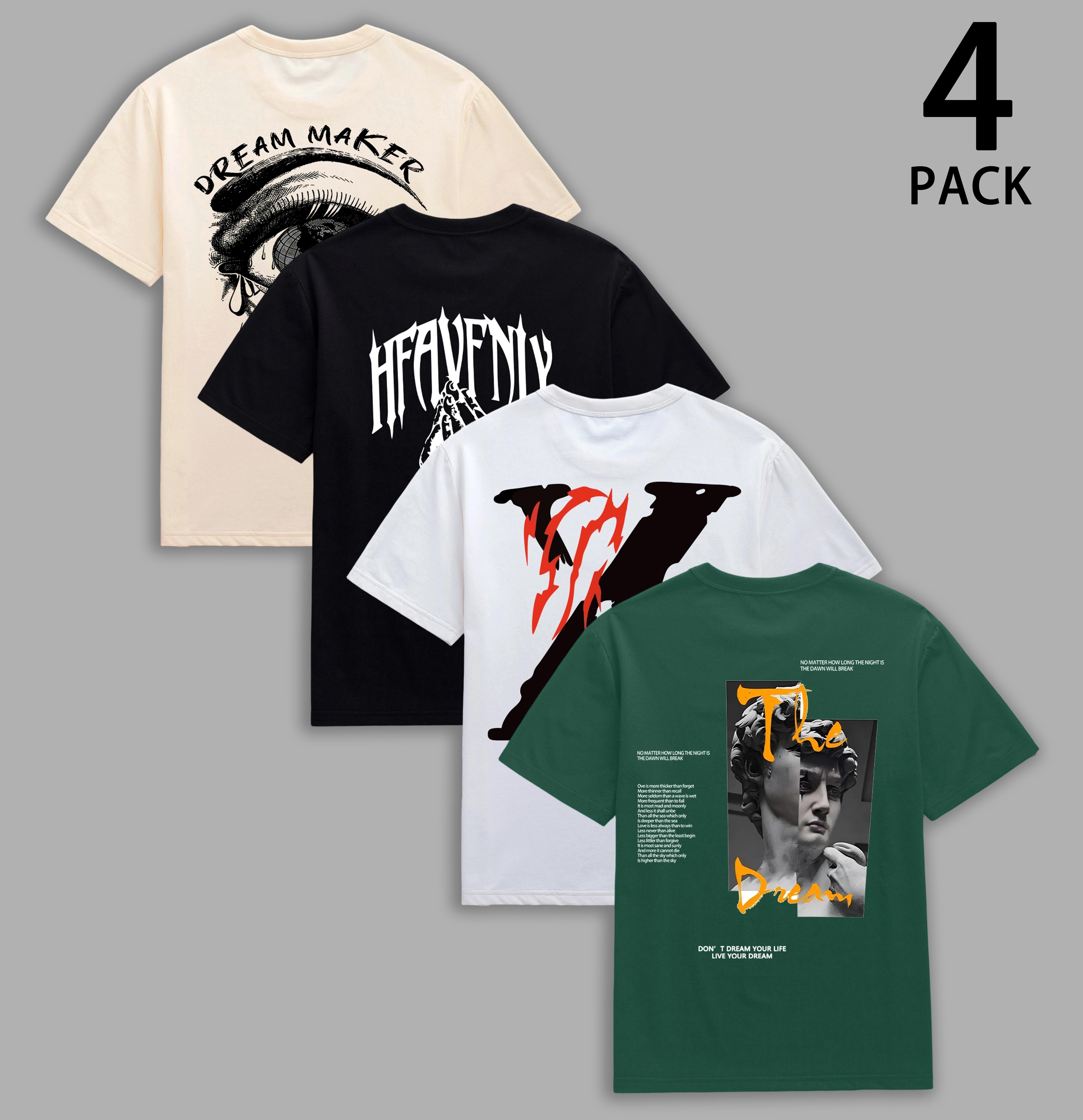 Men's 4-Pack Graphic T-Shirts, Oversized Casual Streetwear Tops with Short Sleeves and a Round Neck, T Shirt,back to school,back to school shopping, Clothing, Oversized Graphic Tee