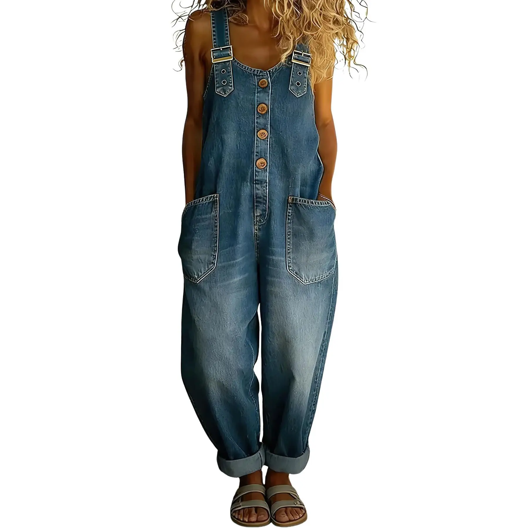 Vintage-style loose wide-leg denim overalls