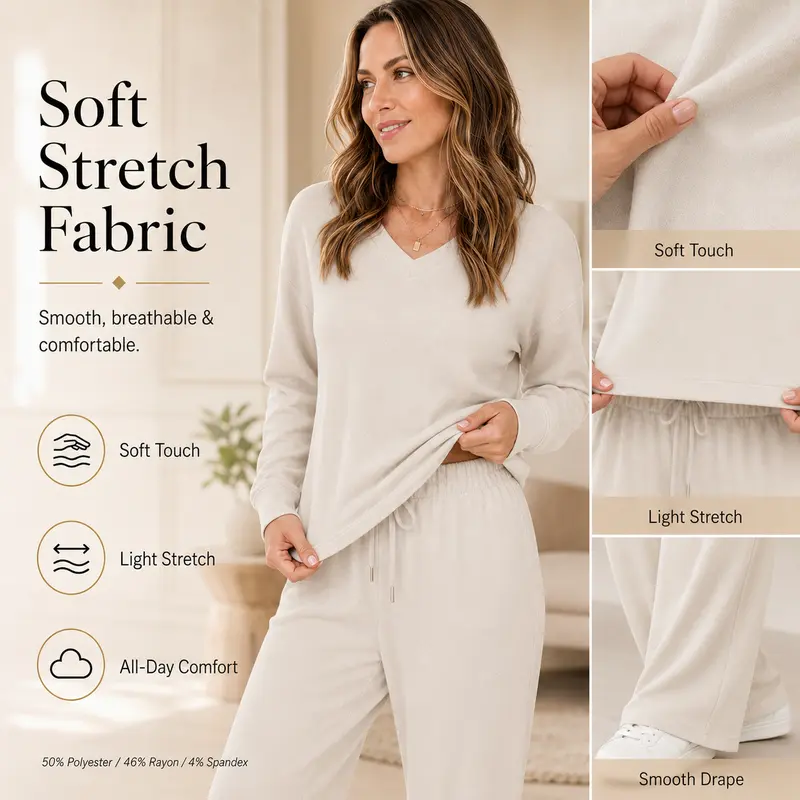 Women's Casual Two-Piece Set (V-Neck Top + Wide-Leg Pants)