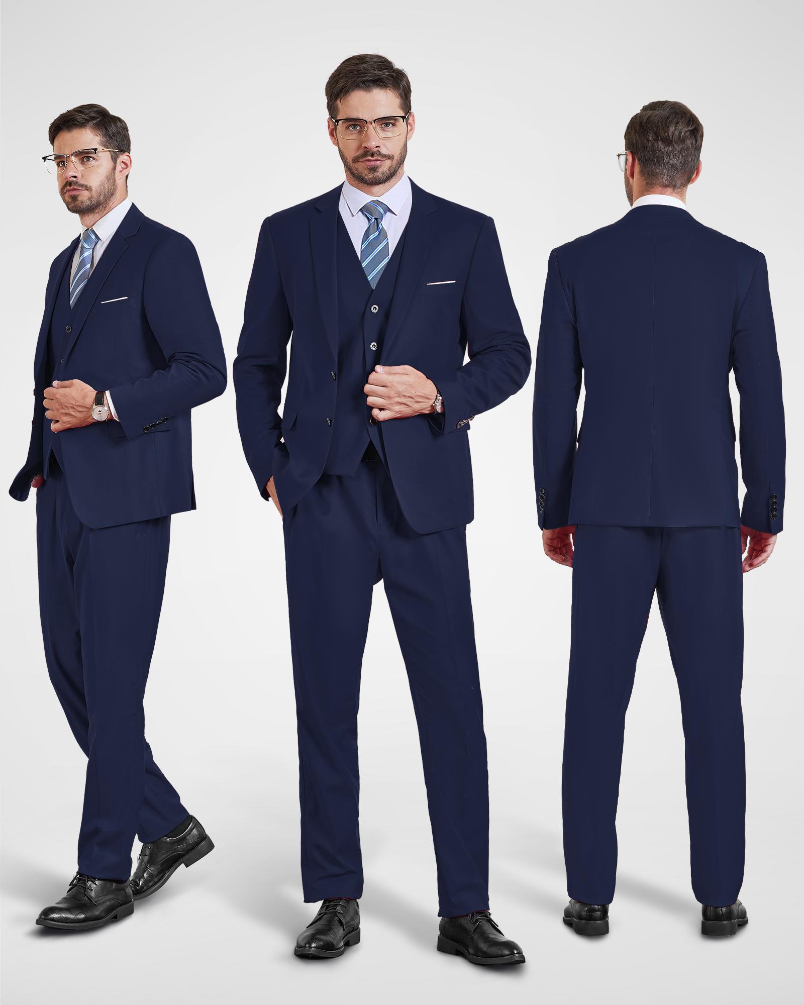 YND Men's 3-Piece Long Sleeve Formal Suit Set - Menswear Formal Wear Fashion Apparel Outfits with Vest, Pants, Tie for Wedding, Business Groom Tuxedo (Beige, Black)