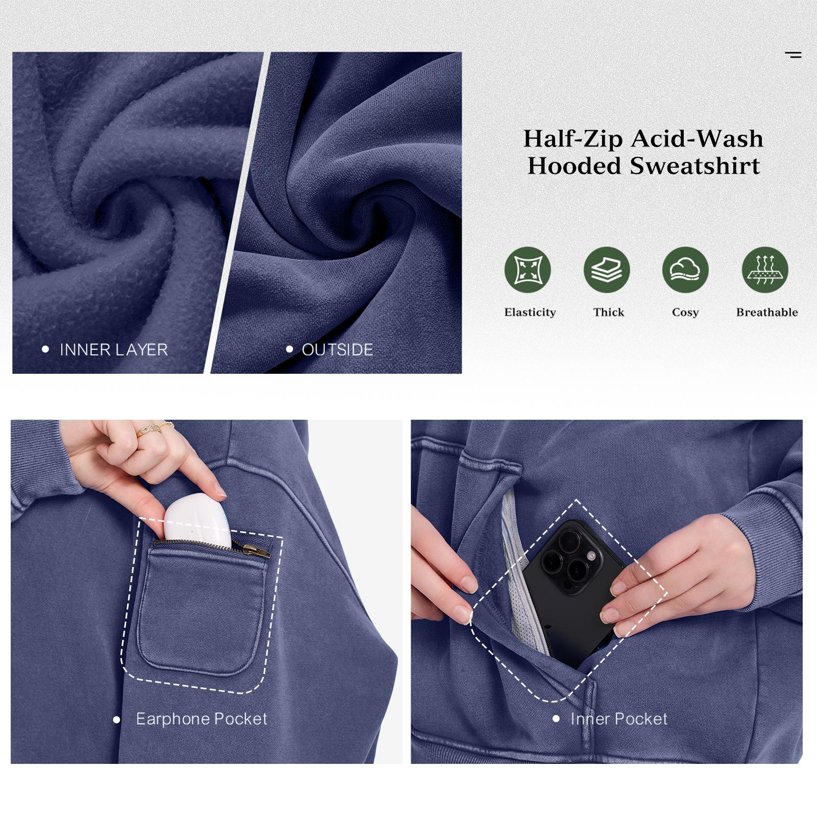 FAIABLE Oversized Hoodie for Women Vintage Acid Washed Heavyweight Fleece Half Zip Pullover with Kangaroo Pocket & Earbud Sleeve Pocket Casual Aesthetic Streetwear Style Essential Hoodies Comfort Hoodies Zip Hoodie