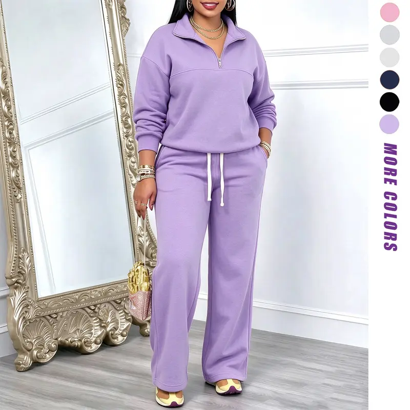 JOGWAVE women’s autumn/winter solid-color sweatshirt and sweatpants set, half-zip front sweatshirt and fleece-lined sweatpants, suitable for sports, casual wear, outings, fashionable and trendy, Christmas gift