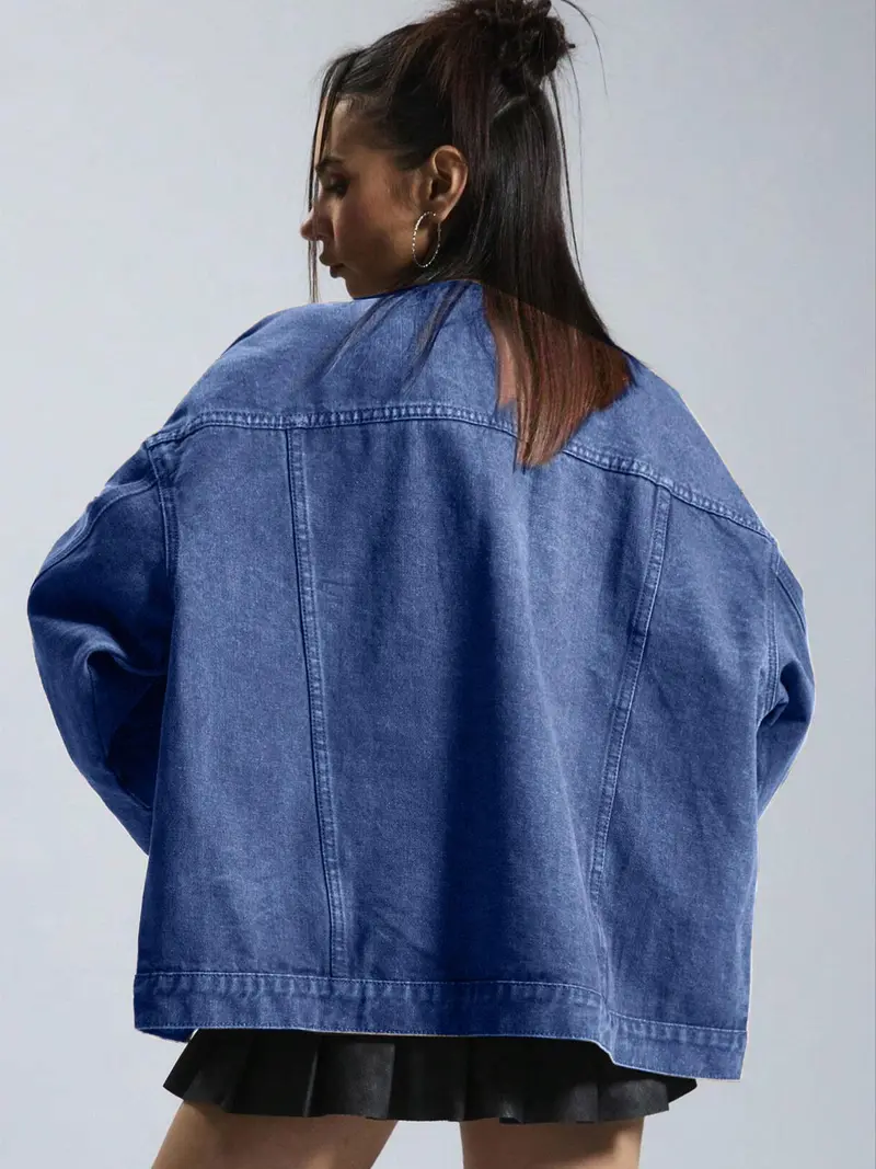 Women's Solid-Color Button-Front Slim-Fit Denim Jacket with Drop Shoulders