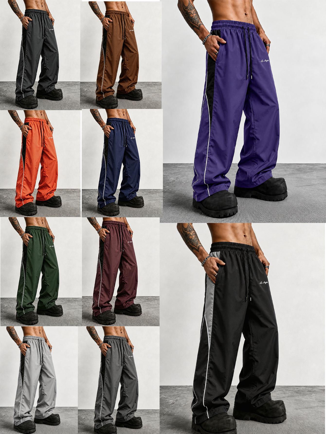 Men's contrasting color reflective strip wide-leg casual pants, pendant smooth fabric, side stripes, American high street style, daily commuting adaptation, trendy and versatile personality