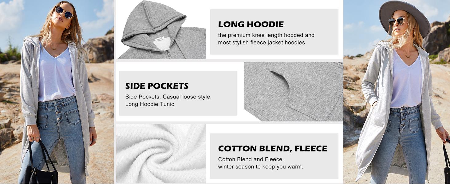 ZEAGOO  Women Casual Zip up Fleece Hoodies Tunic Sweatshirt Long Hoodie Jacket Cotton Long Sleeve fitted striped knitwear summerwins,back to school,back to school shopping