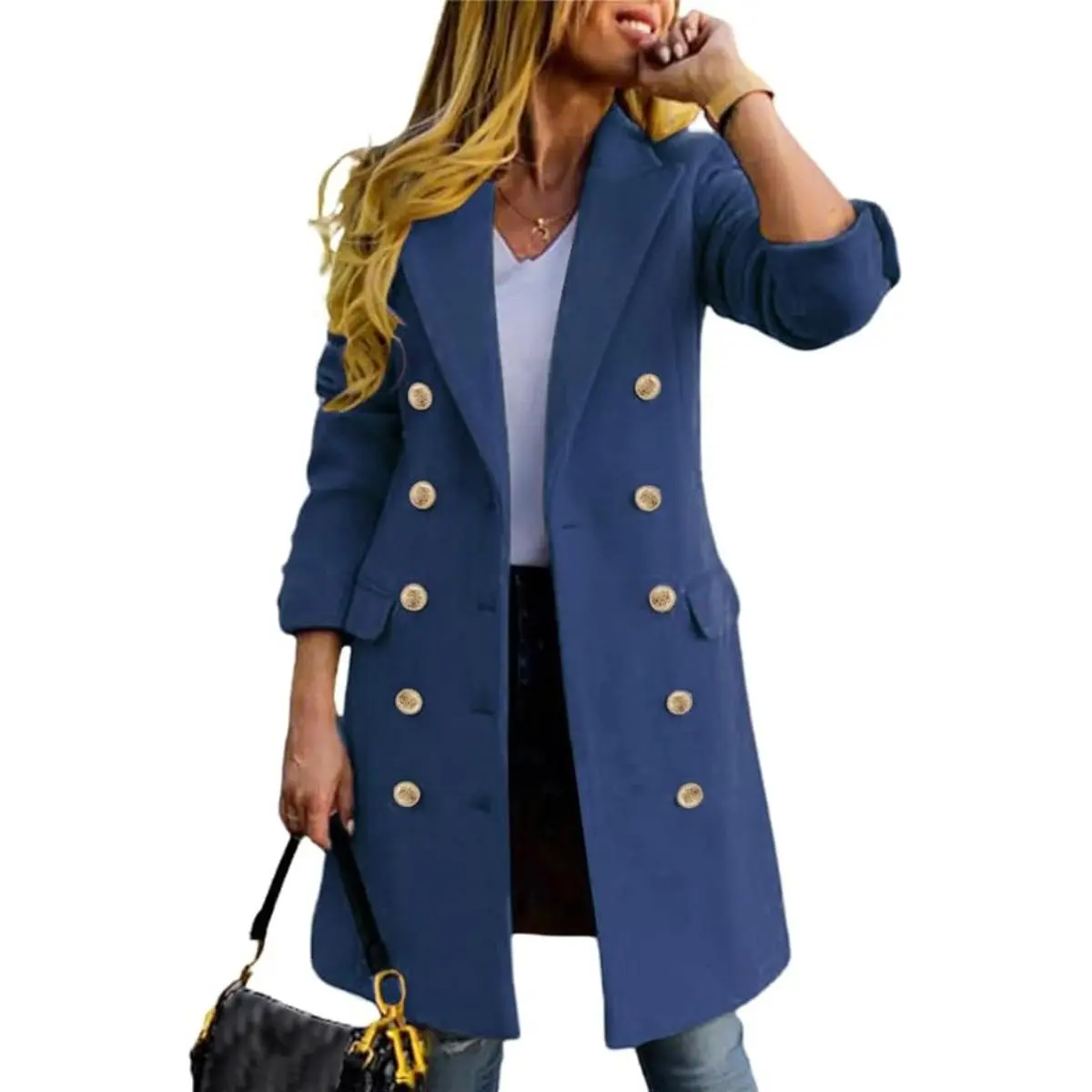 Women's Slim-Fit Double-Breasted Wool-Blend Mid-Length Coat