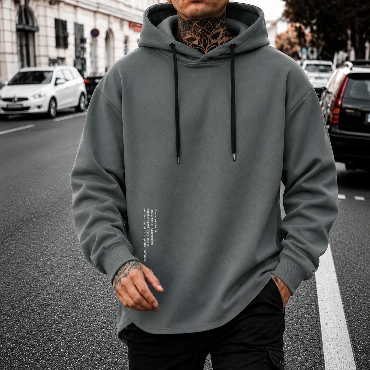 Men&rsquo;s casual minimalist hooded knit sweatshirt with letter print design; comfortable, skin-friendly fabric that is breathable&mdash;suitable for outdoor leisure, home life, daily commuting, and trendy everyday outfits.