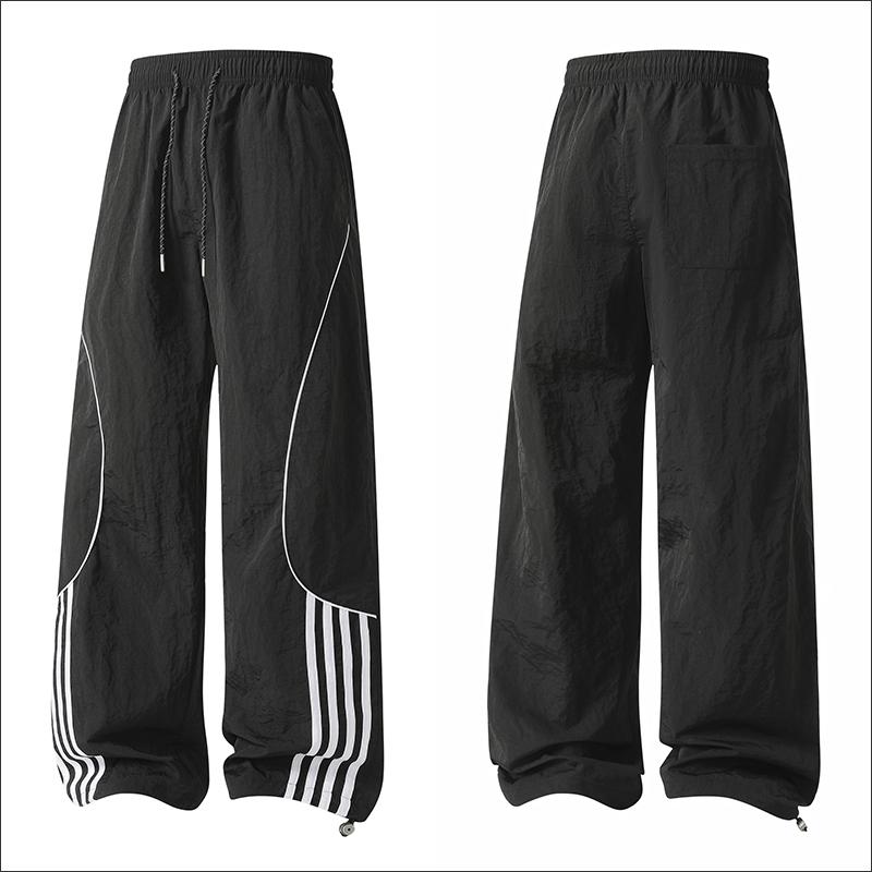 Men's Loose-Fit Wide-Leg Nylon Casual Pants - Printed Graphical Stripes, Drawstring Elastic Waist, Utility Pockets, Cool Breathable, All-Season Streetwear Clothing for Everyday Wear, Basketball, Wide-Leg Trousers