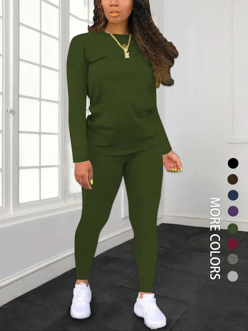 Women's Solid-Color Slim-Fit Long-Sleeve T-Shirt and Elastic-Waist Pants Set