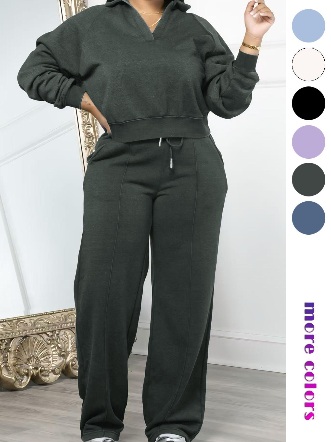 Women's Solid Long Sleeve Sweatshirt & Drawstring Adjustable Waist Pants Set, Casual Fashion Cozy Two-piece Outfit for Daily Outdoor Wear, Women's Clothes for All Seasons, Womenswear