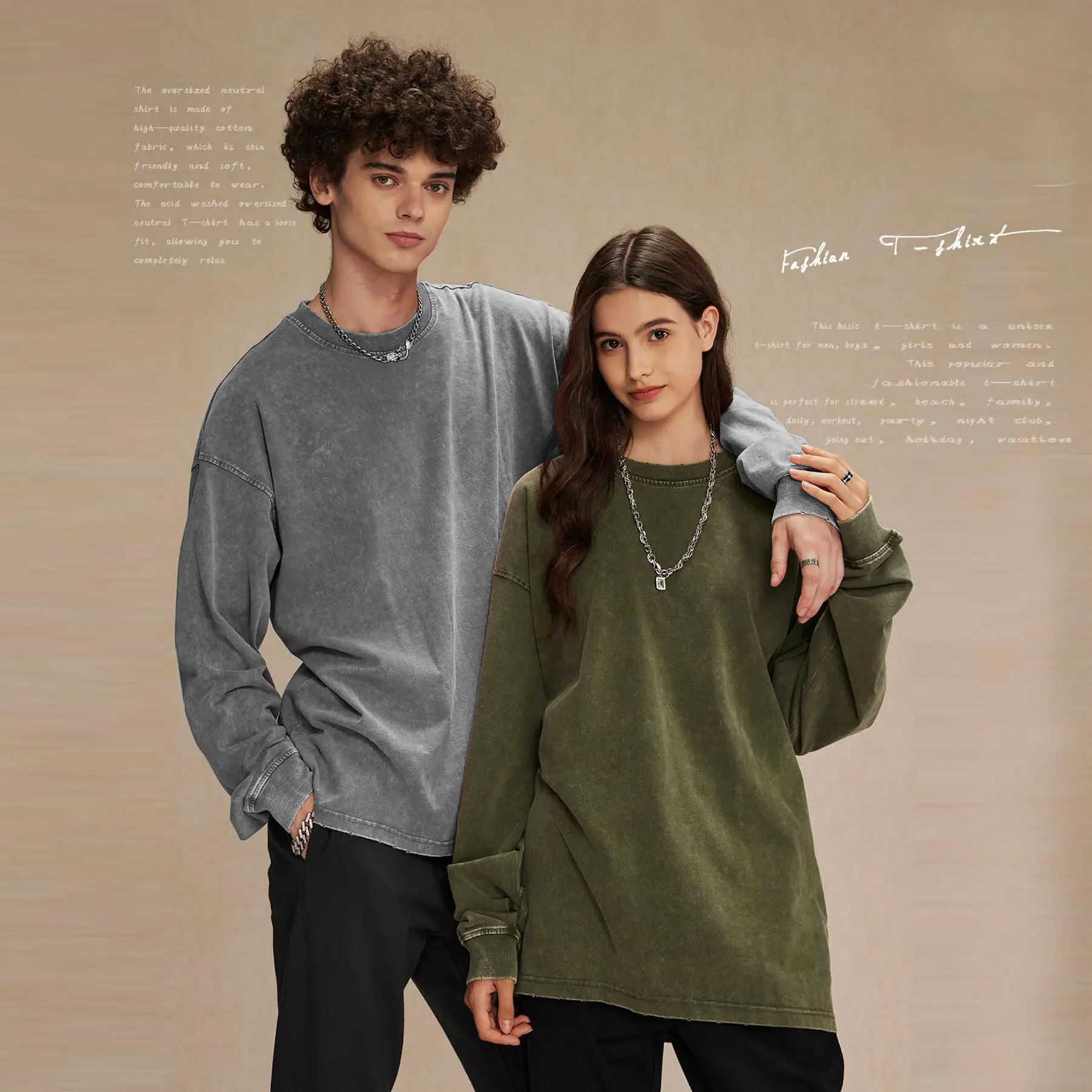 Unisex Long-Sleeve Acid-Wash Cotton T-Shirt