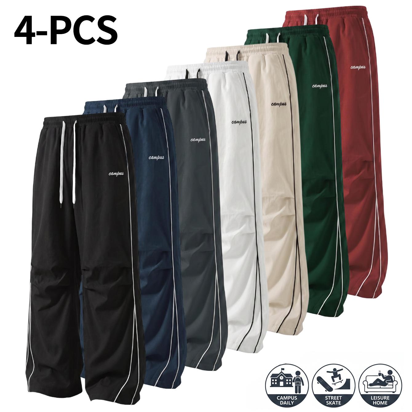 4-Pack American High Street Style Men&rsquo;s Athletic Joggers &ndash; Comfortable, skin-friendly fabric men&rsquo;s wide-leg pants featuring side seams and exposed stitching, plus knee pleats for a relaxed, effortless look; suitable for both men and women and ideal for an