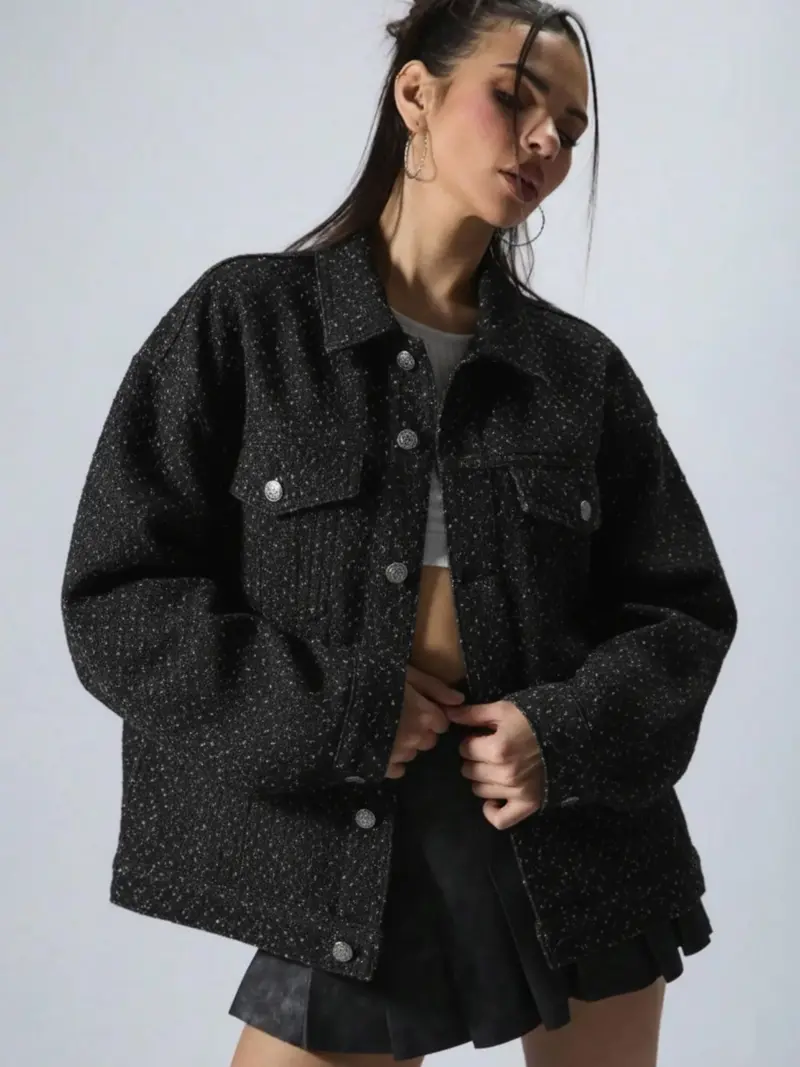 Women's Solid-Color Button-Front Slim-Fit Denim Jacket with Drop Shoulders