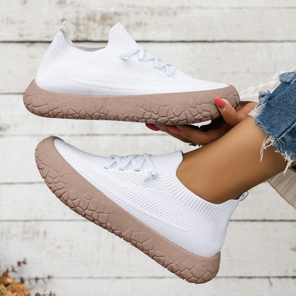 Women's Flyknit Breathable Slip-On Casual Rubber Shoes, Thick-Sole Anti-Slip Walking Flats, Multi-Color Options for Spring Footwear
