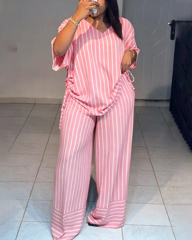 Summer new striped loose fashion casual women's V-neck thin and drape wide-leg pants suit Summer new striped loose fashion casual women's V-neck thin and drape wide-leg pants suit
