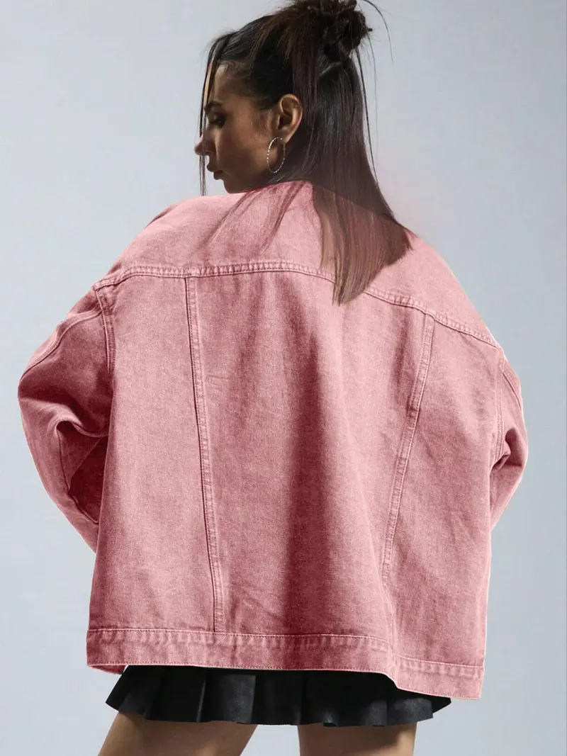 Women's Solid-Color Button-Front Slim-Fit Denim Jacket with Drop Shoulders