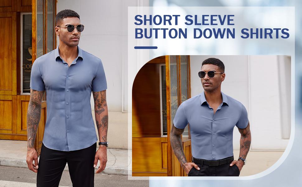2-Pack AMZPURE Men's Stretch Slim Muscle Fit Short Sleeve Dress Shirts Casual Button-Down Style Perfect Menswear for Dad,back to school,back to school shopping