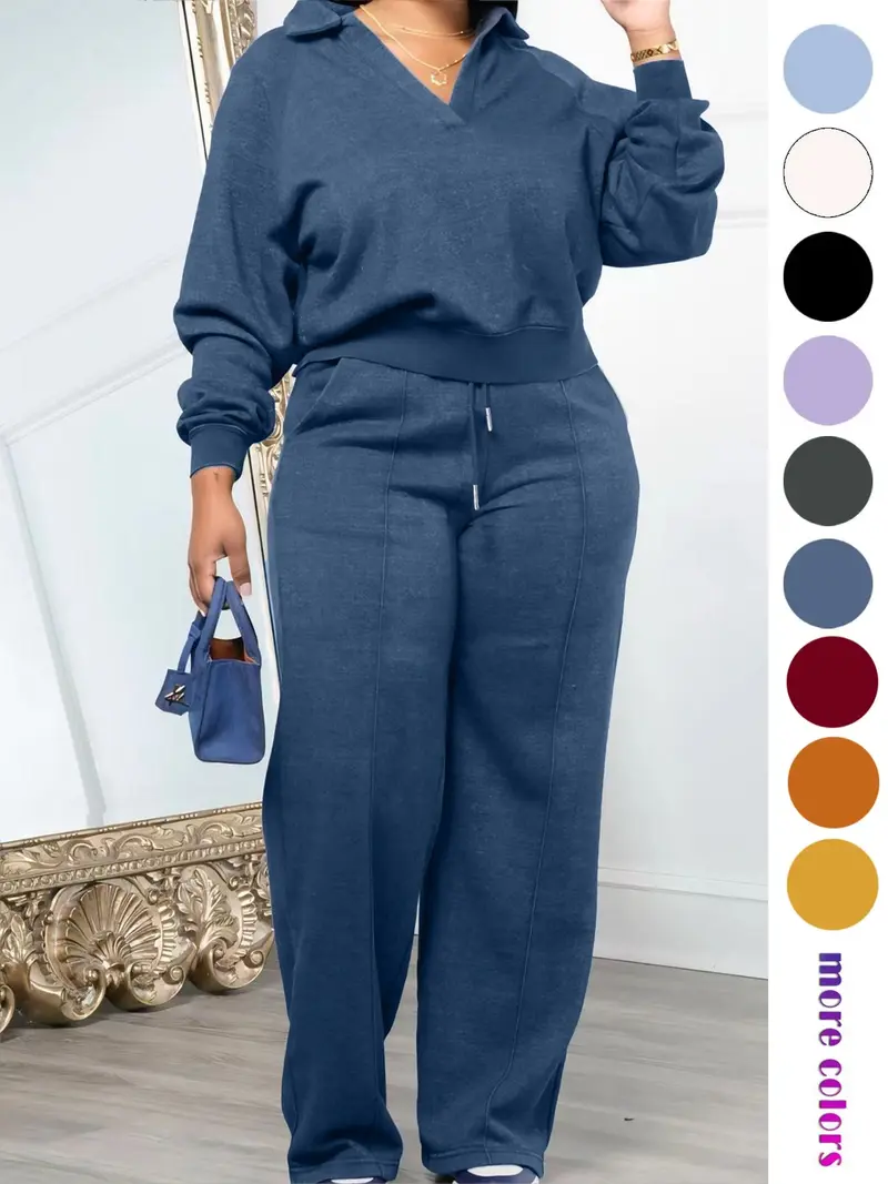 Women's Solid-Color Long-Sleeve Sweatshirt and Drawstring Elastic-Waist Pants Set