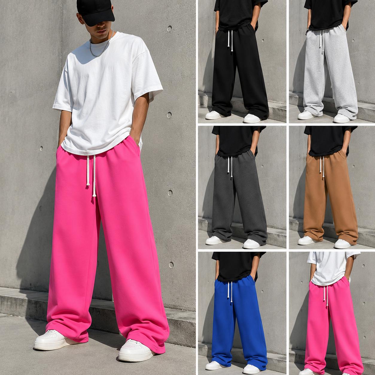 Men's All-Season Athletic Pants, Loose-Fit Wide-Leg Street Style with Deep Pockets, Soft Breathable Athleisure Wear, Cotton Blend, Machine Wash, Streetwear Clothing, Sports Clothing