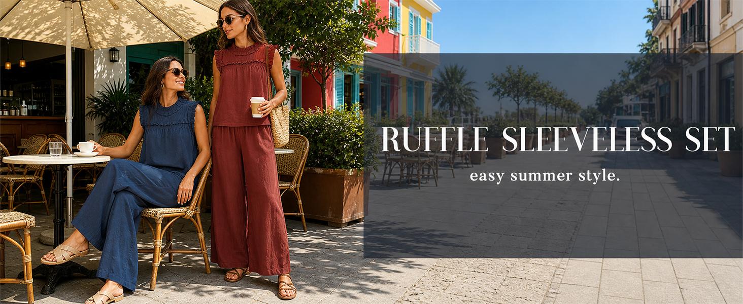 Tanming Women's 2-Piece Cotton Linen Set, Chic Casual Summer Loungewear with Loose-Fit Round Neck Sleeveless Ruffle Top and Wide Leg Pants, Casuallook, Basic