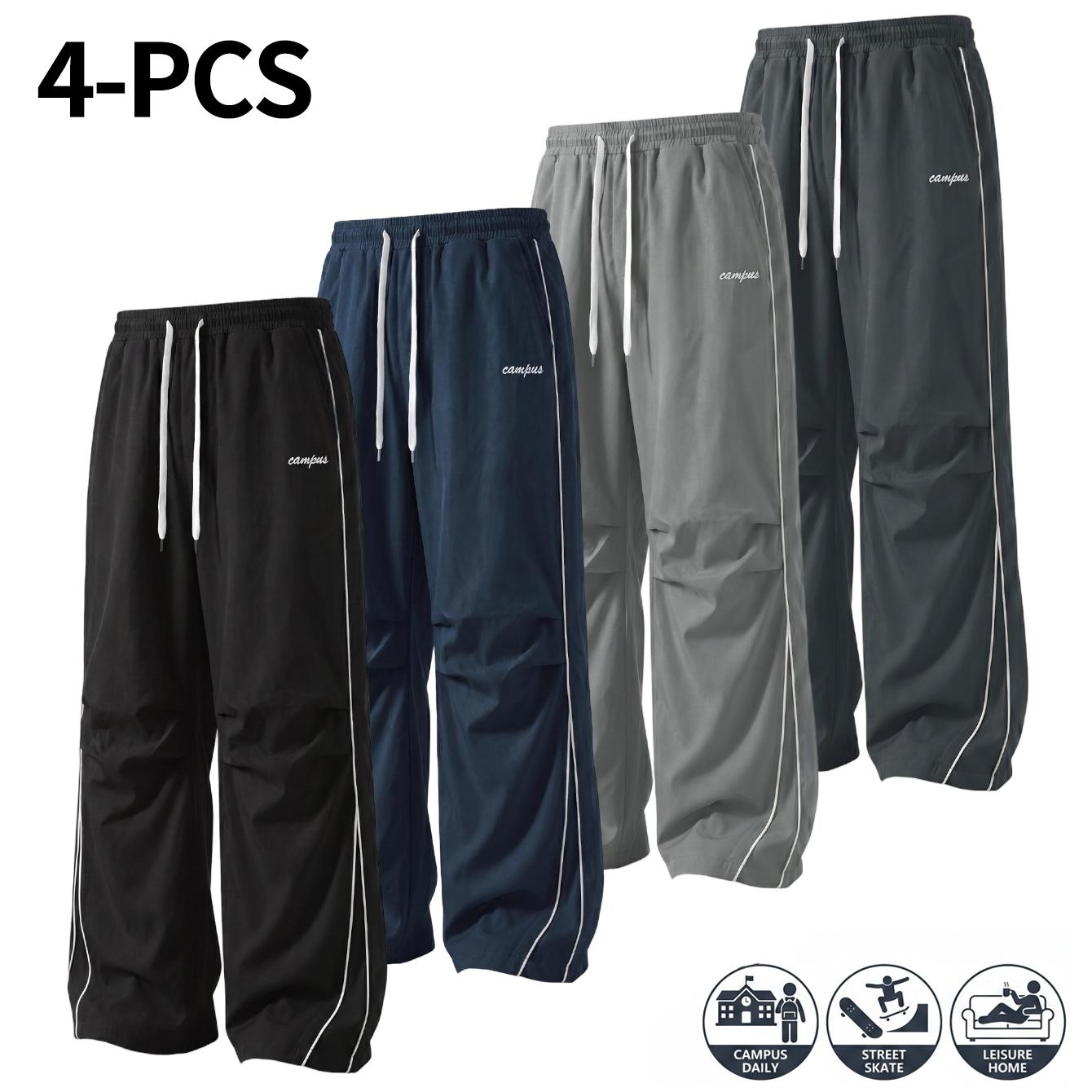 4-Pack American High Street Style Men&rsquo;s Athletic Joggers &ndash; Comfortable, skin-friendly fabric men&rsquo;s wide-leg pants featuring side seams and exposed stitching, plus knee pleats for a relaxed, effortless look; suitable for both men and women and ideal for an