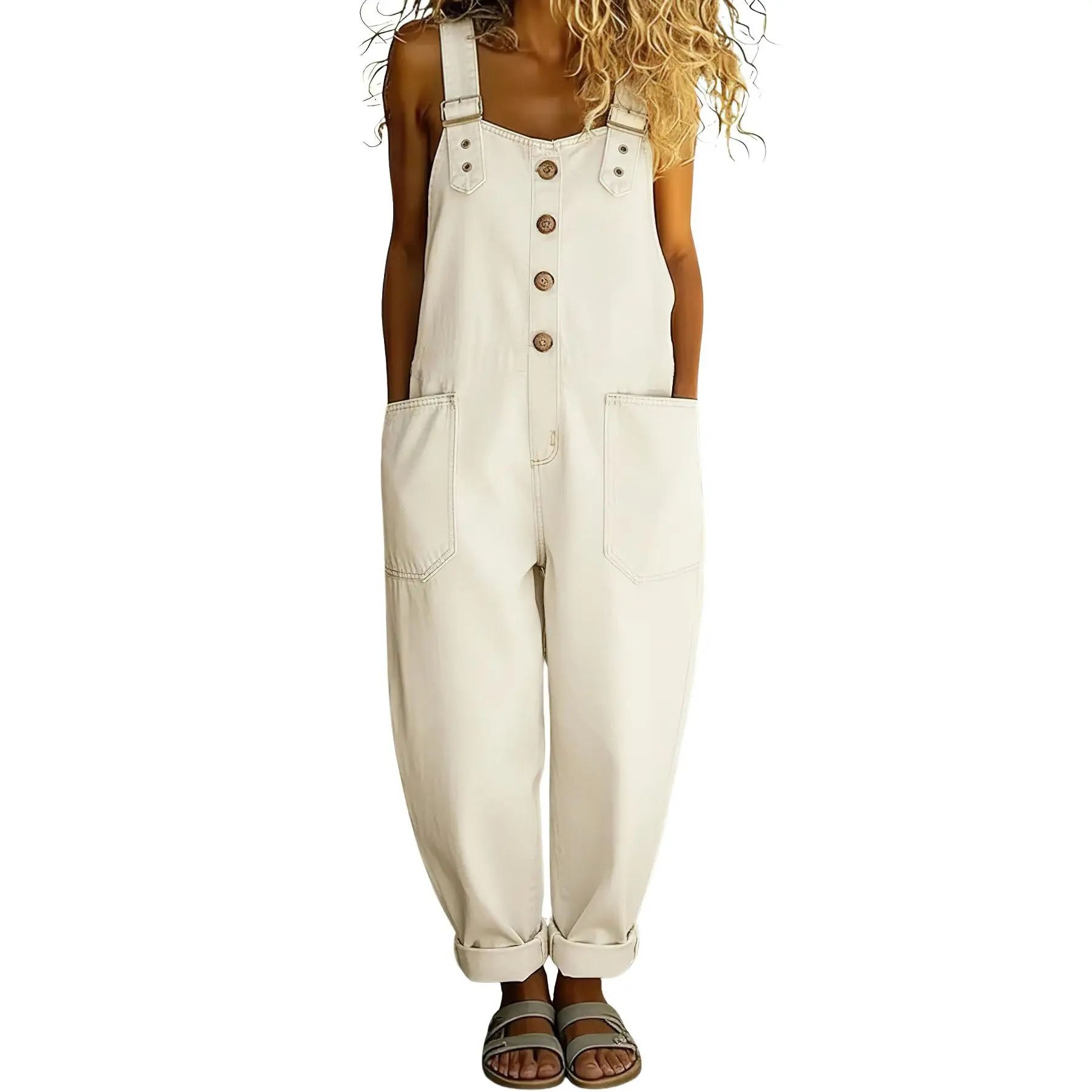 Vintage-style loose wide-leg denim overalls