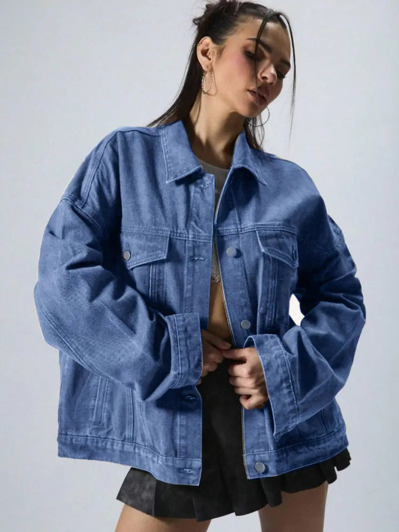 Women's Solid-Color Button-Front Slim-Fit Denim Jacket with Drop Shoulders