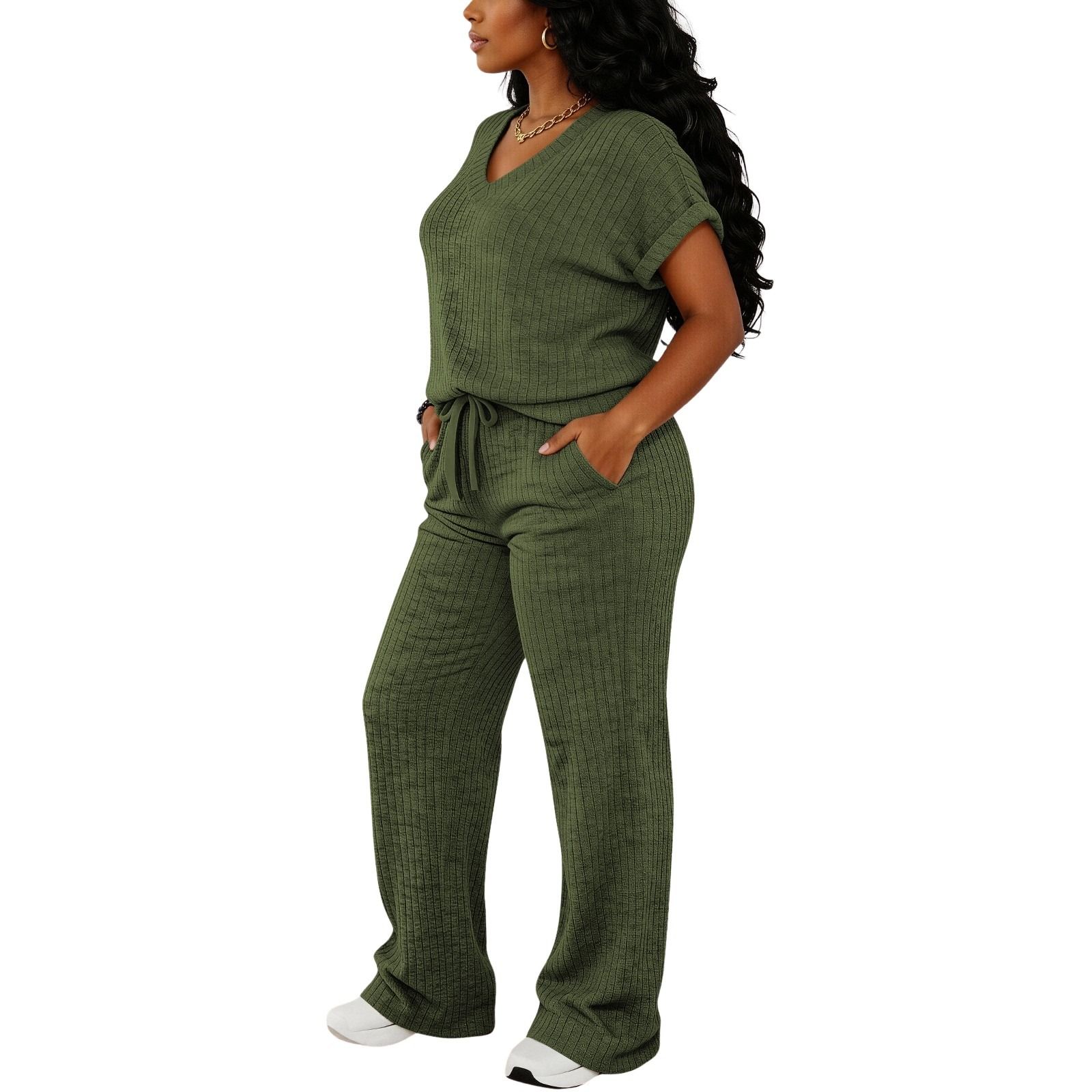 MOEENCN Women's Ultra-Soft Brushed Ribbed Knit 2-Piece Loungewear Set, V-Neck Top & High Waist Wide Leg Pants with Pockets for Lazy Days & Brunch summerwins Womenswear Clothes Suits MOEENCN Women's Ultra-Soft Brushed Ribbed Knit 2-Piece Loungewear Set, V-Neck Top & High Waist Wide Leg Pants with Pockets for Lazy Days & Brunch summerwins Womenswear Clothes Suits