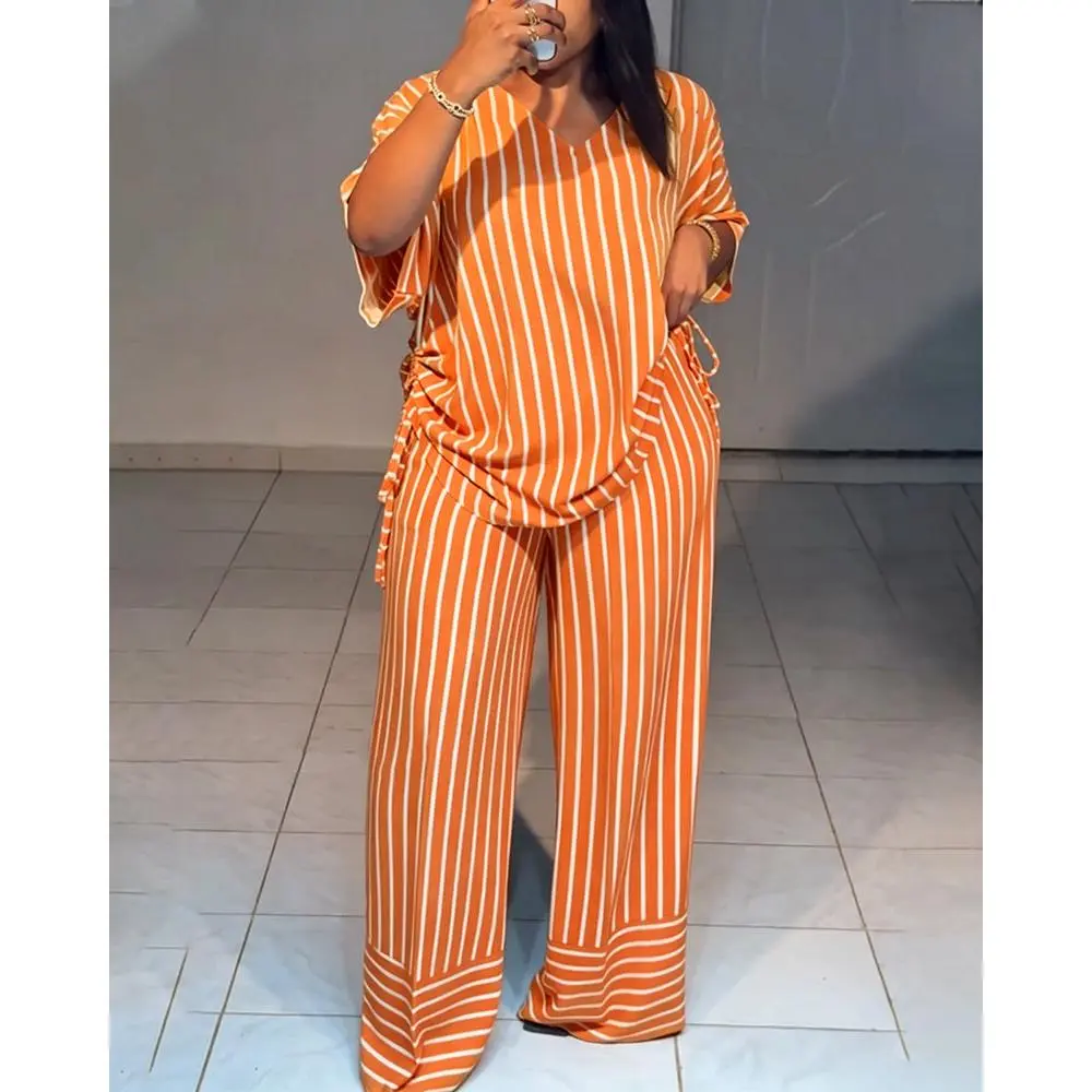 Summer new striped loose fashion casual women's V-neck thin and drape wide-leg pants suit