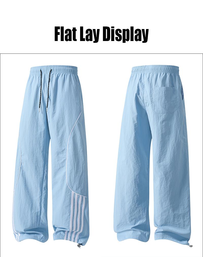 Men's Loose-Fit Wide-Leg Nylon Casual Pants - Printed Graphical Stripes, Drawstring Elastic Waist, Utility Pockets, Cool Breathable, All-Season Streetwear Clothing for Everyday Wear, Basketball, Wide-Leg Trousers