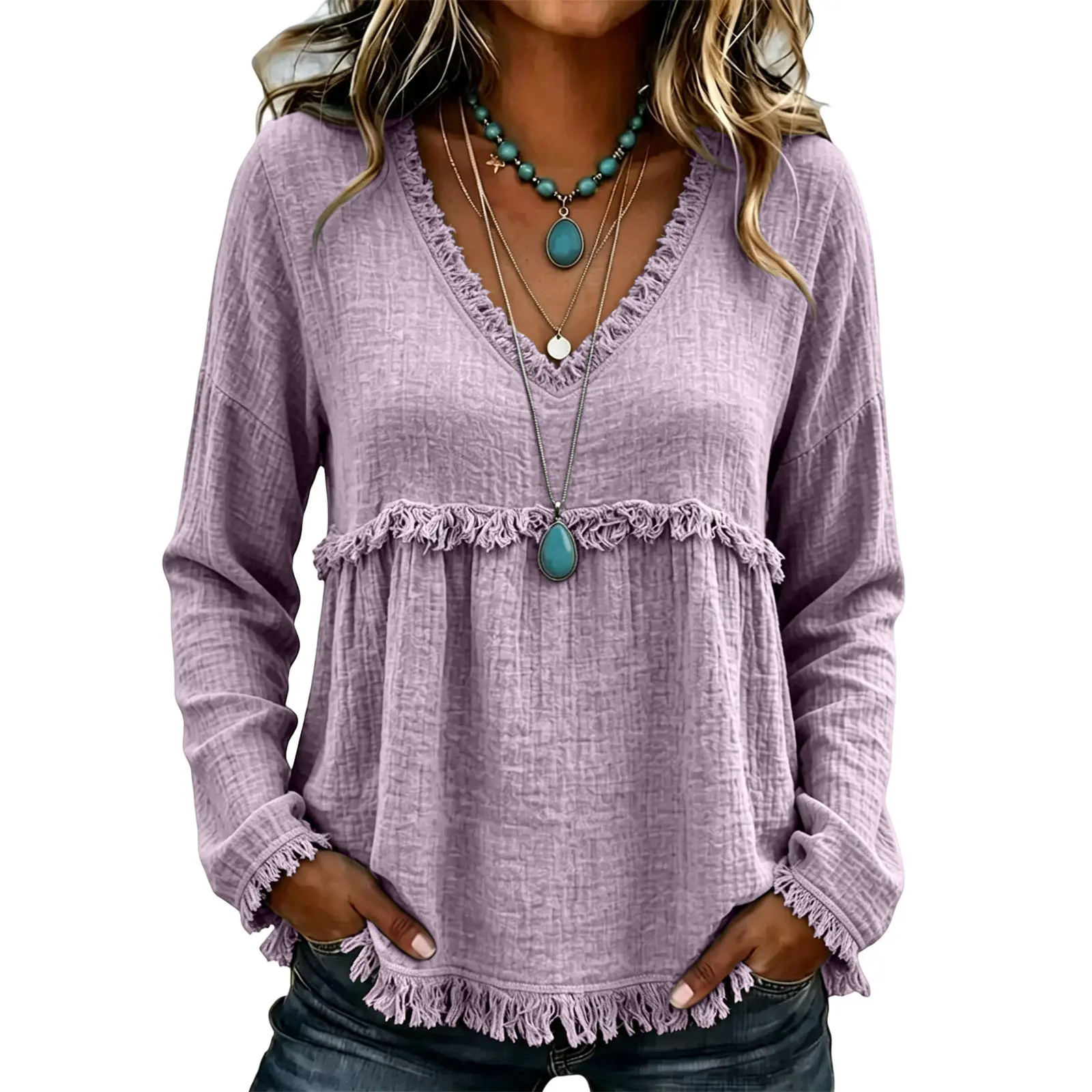 Women's Bohemian V-Neck Long-Sleeve Tassel Top