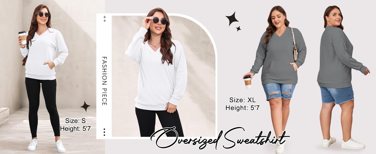 AUSELILY Women's Hoodless V-neck Sweatshirt With Kangaroo Pocket Fleece Longsleeve Oversized Casual Style Shirt AUSELILY Women's Hoodless V-neck Sweatshirt With Kangaroo Pocket Fleece Longsleeve Oversized Casual Style Shirt