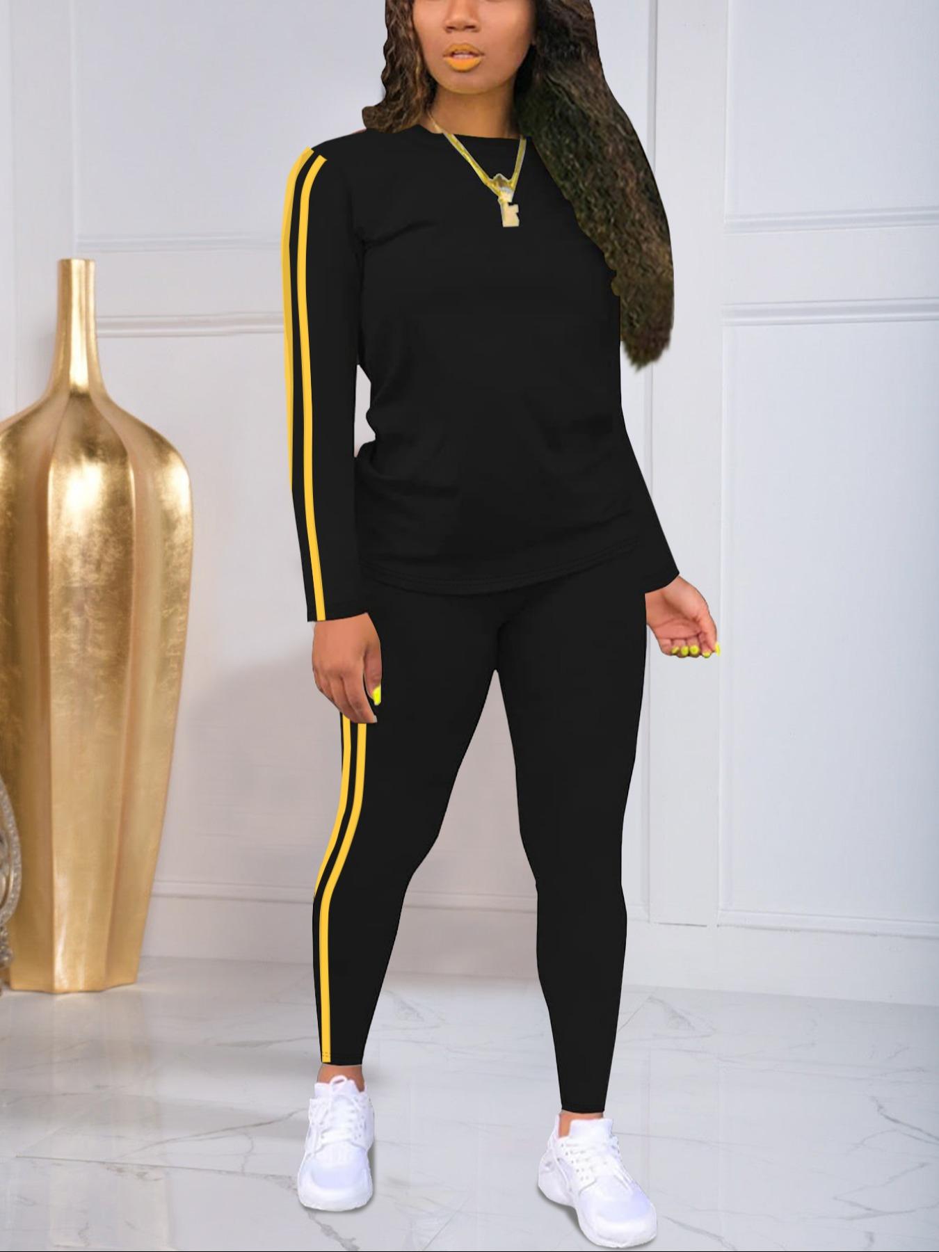 Women's Striped Print Fitted Long Sleeve Knitted Top & Pants Two-piece Set, Casual Style Set Cozy Round Neck Top & Trousers for Daily Outdoor Wear, Ladies Clothes for Spring, Everyday Womenswear Sweater Pant Set Outfit Women's Striped Print Fitted Long Sleeve Knitted Top & Pants Two-piece Set, Casual Style Set Cozy Round Neck Top & Trousers for Daily Outdoor Wear, Ladies Clothes for Spring, Everyday Womenswear Sweater Pant Set Outfit