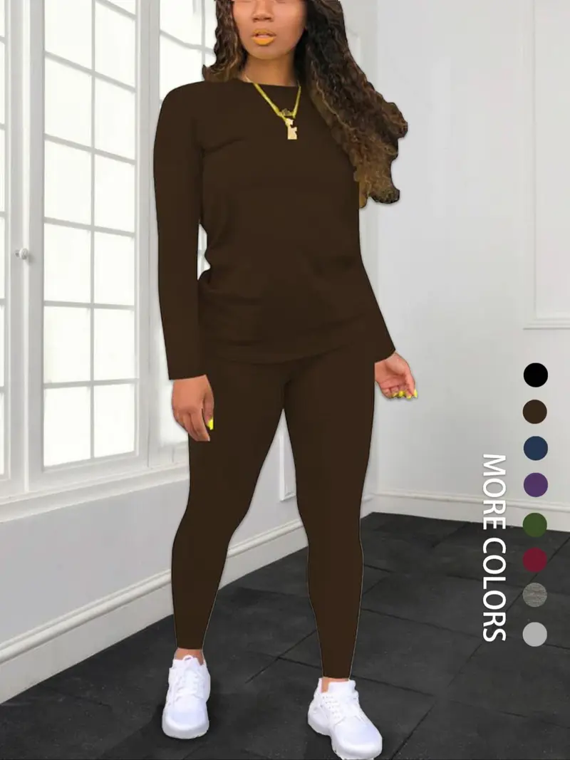 Women's Solid-Color Slim-Fit Long-Sleeve T-Shirt and Elastic-Waist Pants Set