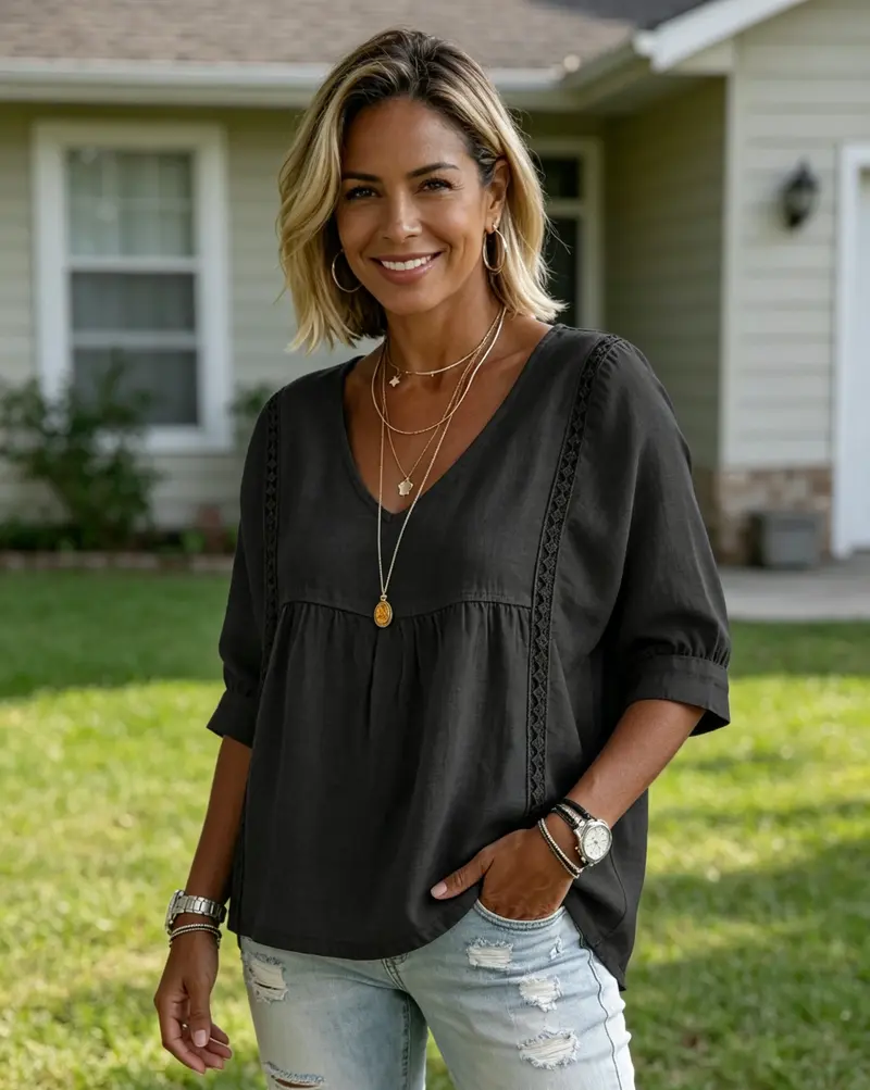 Stylish Loose-Fit V-Neck Lace Women's Top