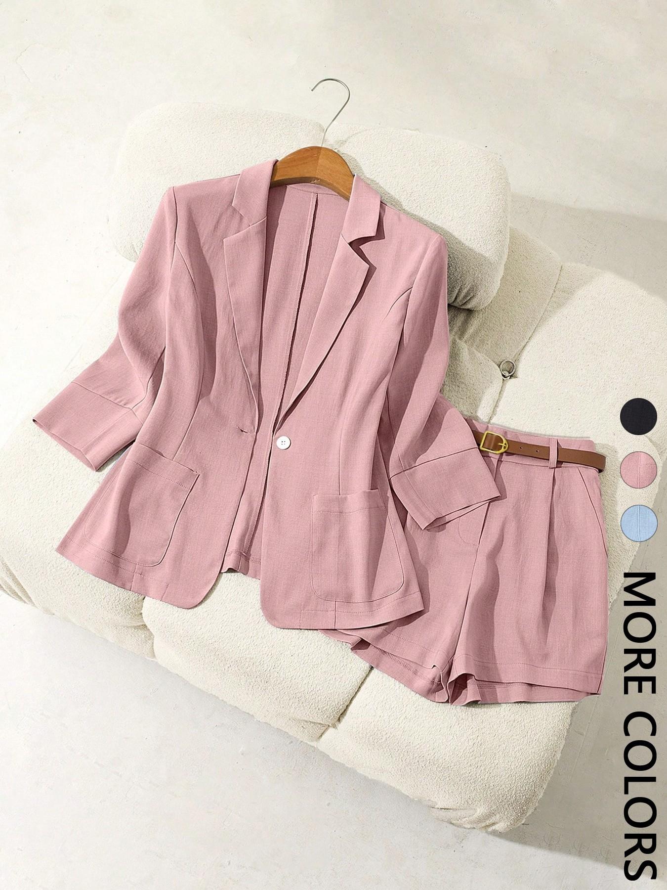 Women's Commuter Office Style Basic Suit with Pockets, 2-Piece Set V-Neck Jacket and Short Pants Set, Essential Womenswear for Work/Travel, Business Casual Suits Women's Commuter Office Style Basic Suit with Pockets, 2-Piece Set V-Neck Jacket and Short Pants Set, Essential Womenswear for Work/Travel, Business Casual Suits