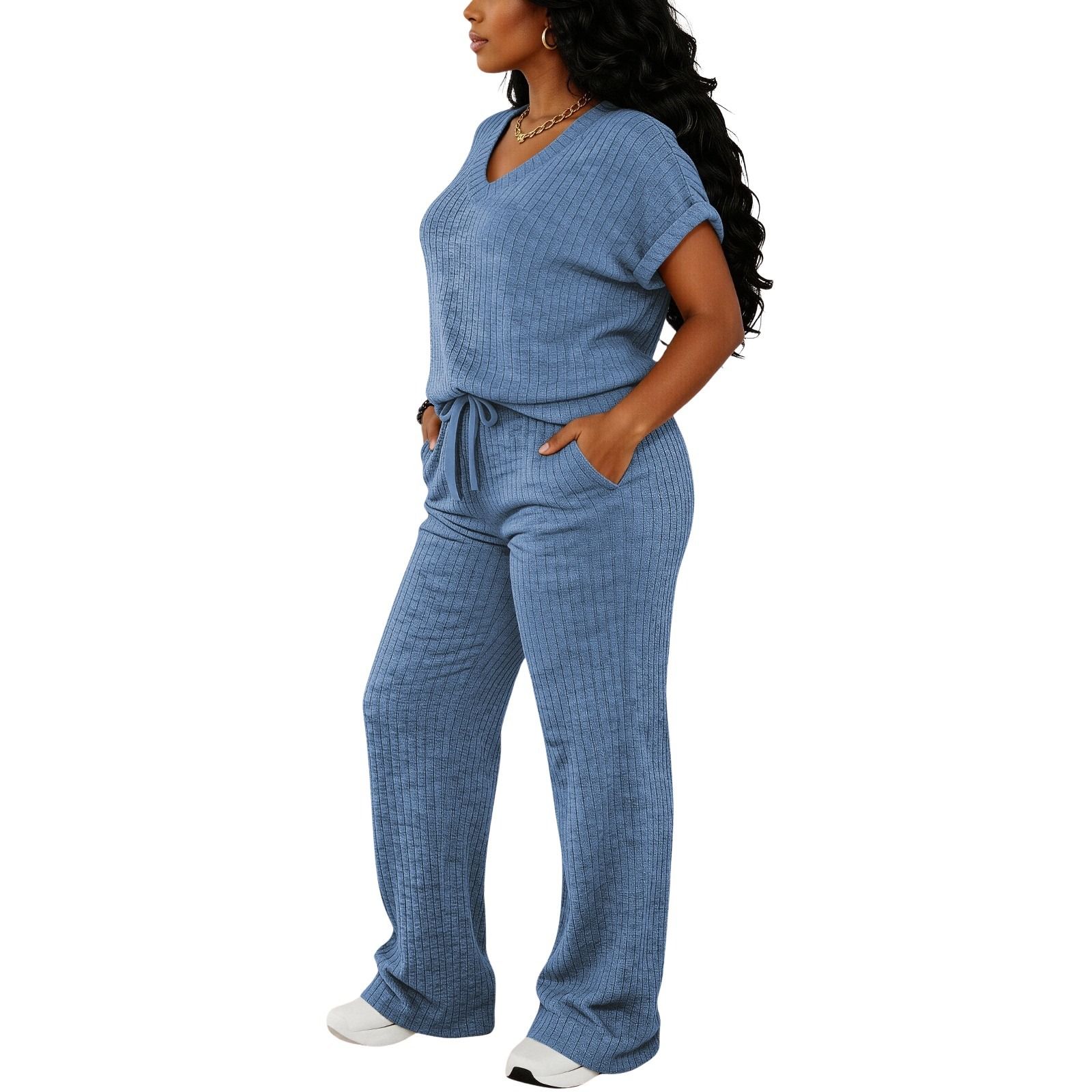 MOEENCN Women's Ultra-Soft Brushed Ribbed Knit 2-Piece Loungewear Set, V-Neck Top & High Waist Wide Leg Pants with Pockets for Lazy Days & Brunch summerwins Womenswear Clothes Suits MOEENCN Women's Ultra-Soft Brushed Ribbed Knit 2-Piece Loungewear Set, V-Neck Top & High Waist Wide Leg Pants with Pockets for Lazy Days & Brunch summerwins Womenswear Clothes Suits