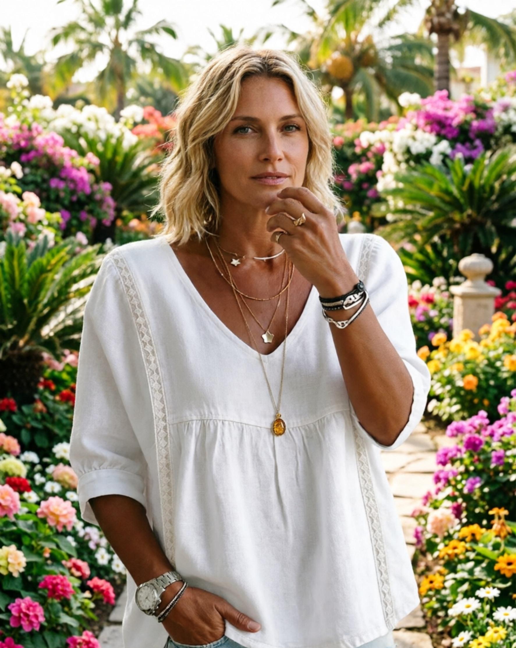 Women's Chic Loose-Fit V-Neck Lace Blouse, 3/4-Length Puff Sleeves, Side Lace Cut-Out Details, Flattering Midsection-Concealing Cut, Ideal for Bohemian Office Wear Women's Chic Loose-Fit V-Neck Lace Blouse, 3/4-Length Puff Sleeves, Side Lace Cut-Out Details, Flattering Midsection-Concealing Cut, Ideal for Bohemian Office Wear