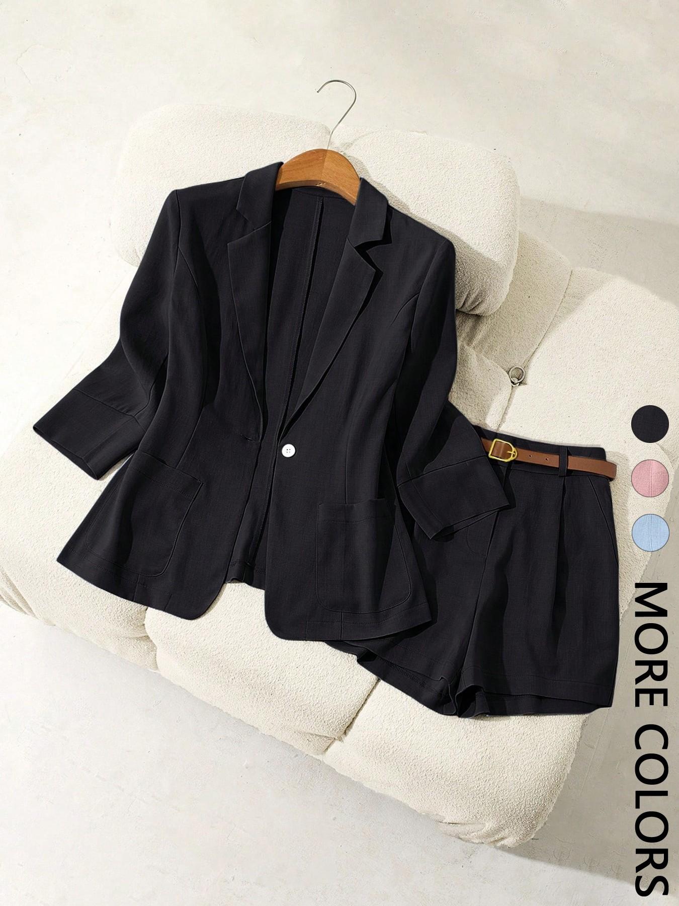 Women's Commuter Office Style Basic Suit with Pockets, 2-Piece Set V-Neck Jacket and Short Pants Set, Essential Womenswear for Work/Travel, Business Casual Suits Women's Commuter Office Style Basic Suit with Pockets, 2-Piece Set V-Neck Jacket and Short Pants Set, Essential Womenswear for Work/Travel, Business Casual Suits