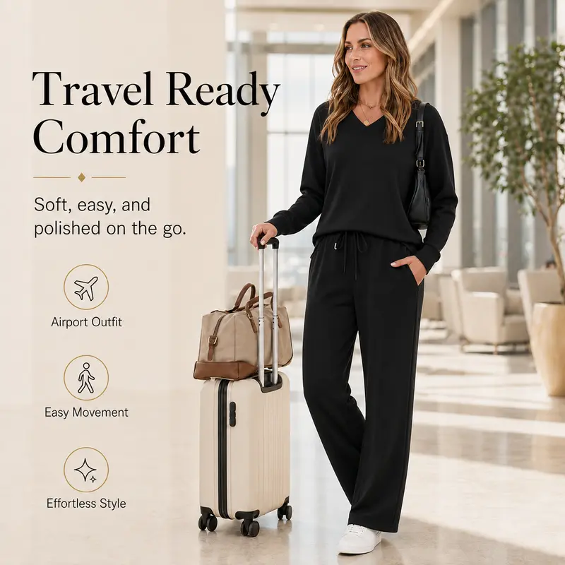 Women's Casual Two-Piece Set (V-Neck Top + Wide-Leg Pants)