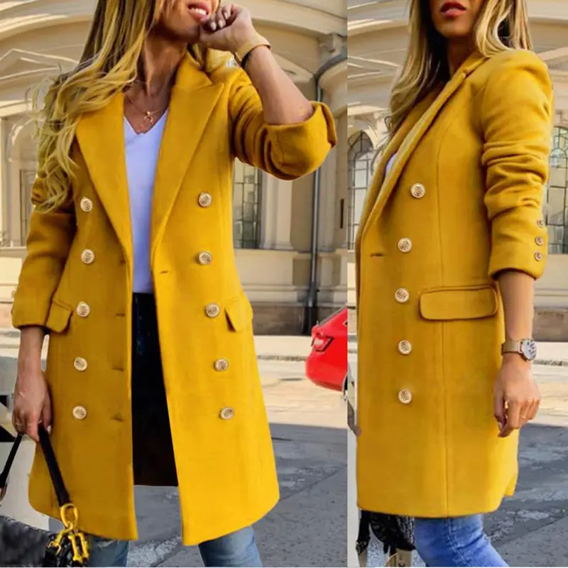 Women's Slim-Fit Double-Breasted Wool-Blend Mid-Length Coat