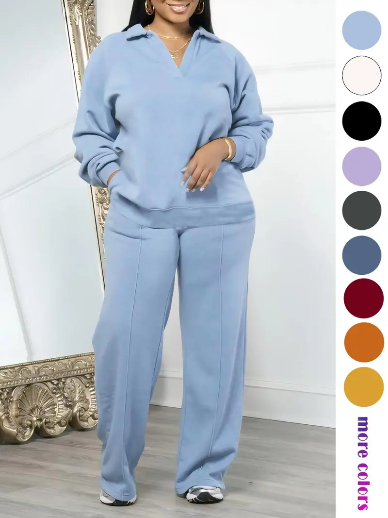 Women's Solid-Color Long-Sleeve Sweatshirt and Drawstring Elastic-Waist Pants Set