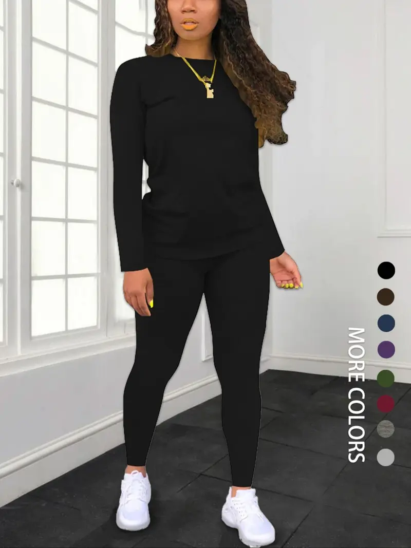 Women's Solid-Color Slim-Fit Long-Sleeve T-Shirt and Elastic-Waist Pants Set